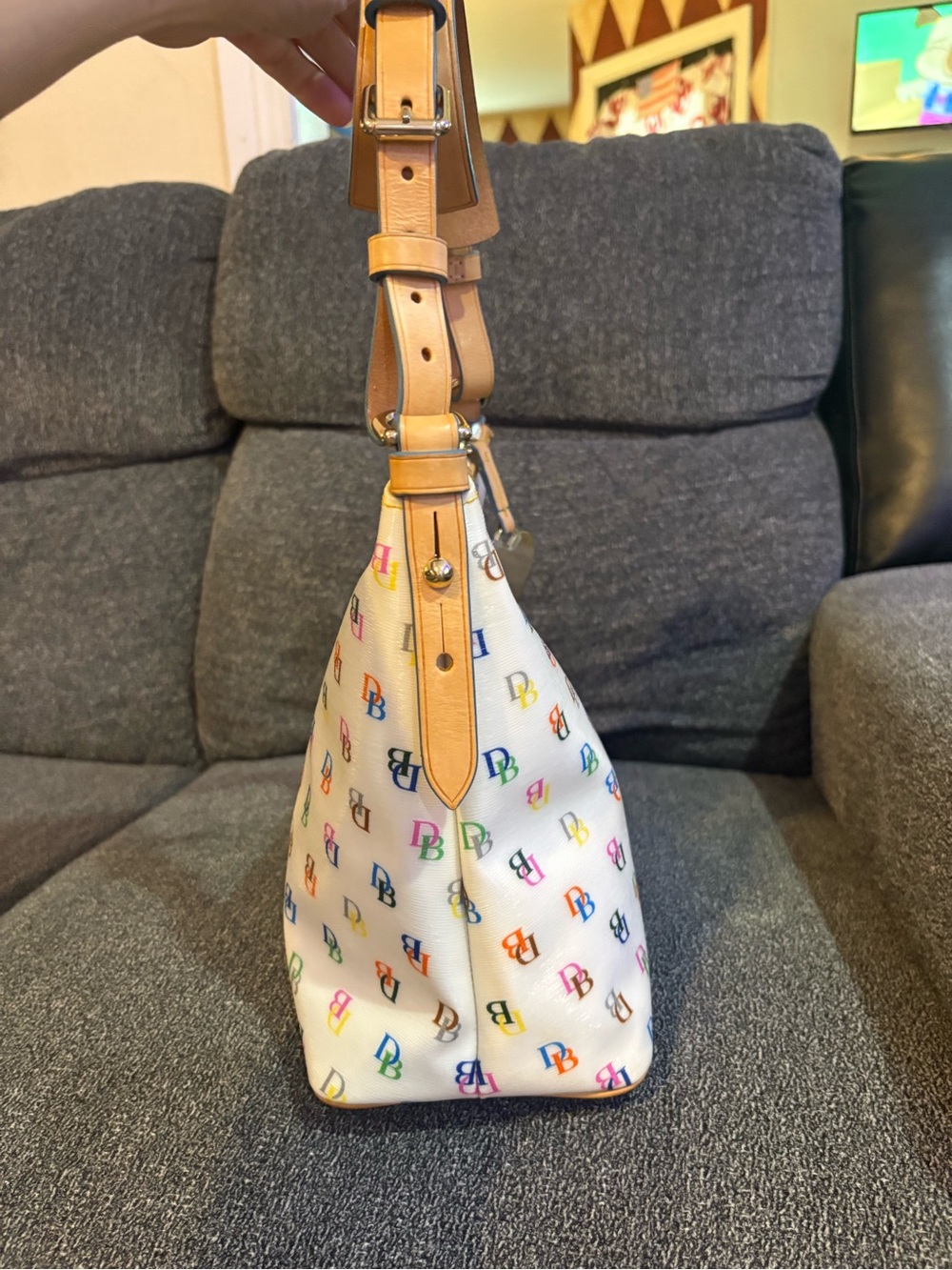 Dooney & Bourke White Multicolor DB Logo Shoulder Bag with Tan Trim - Picture 12 of 16